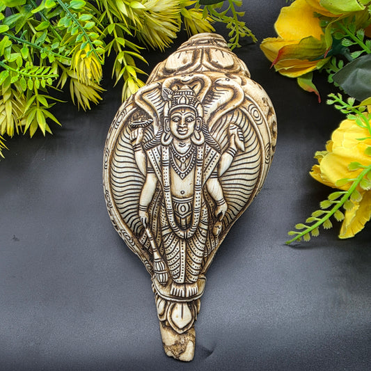 Vamavrati / Blowing Shankh With Beautiful Crafted Vishnu Ji  8 Inch