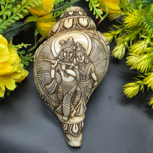 Vamavrati / Blowing Shankh With Beautiful Crafted Lord Radha Krishna Big Size