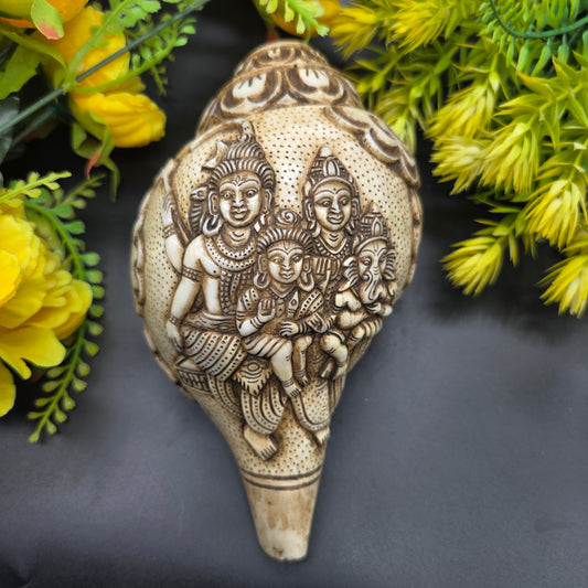 Vamavrati / Blowing Shankh With Beautiful Crafted Shiv Parivar 9 Inch