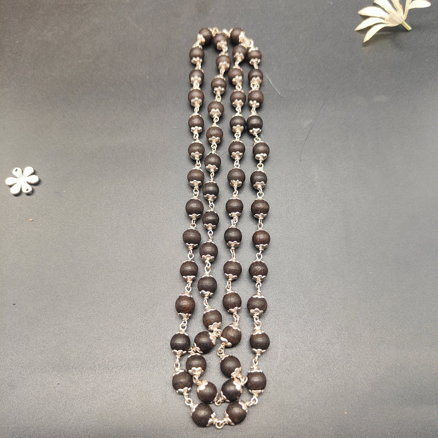 Natural Black Ebony / Karungali Mala without Polish With German Silver 54+1 Beads 8mm