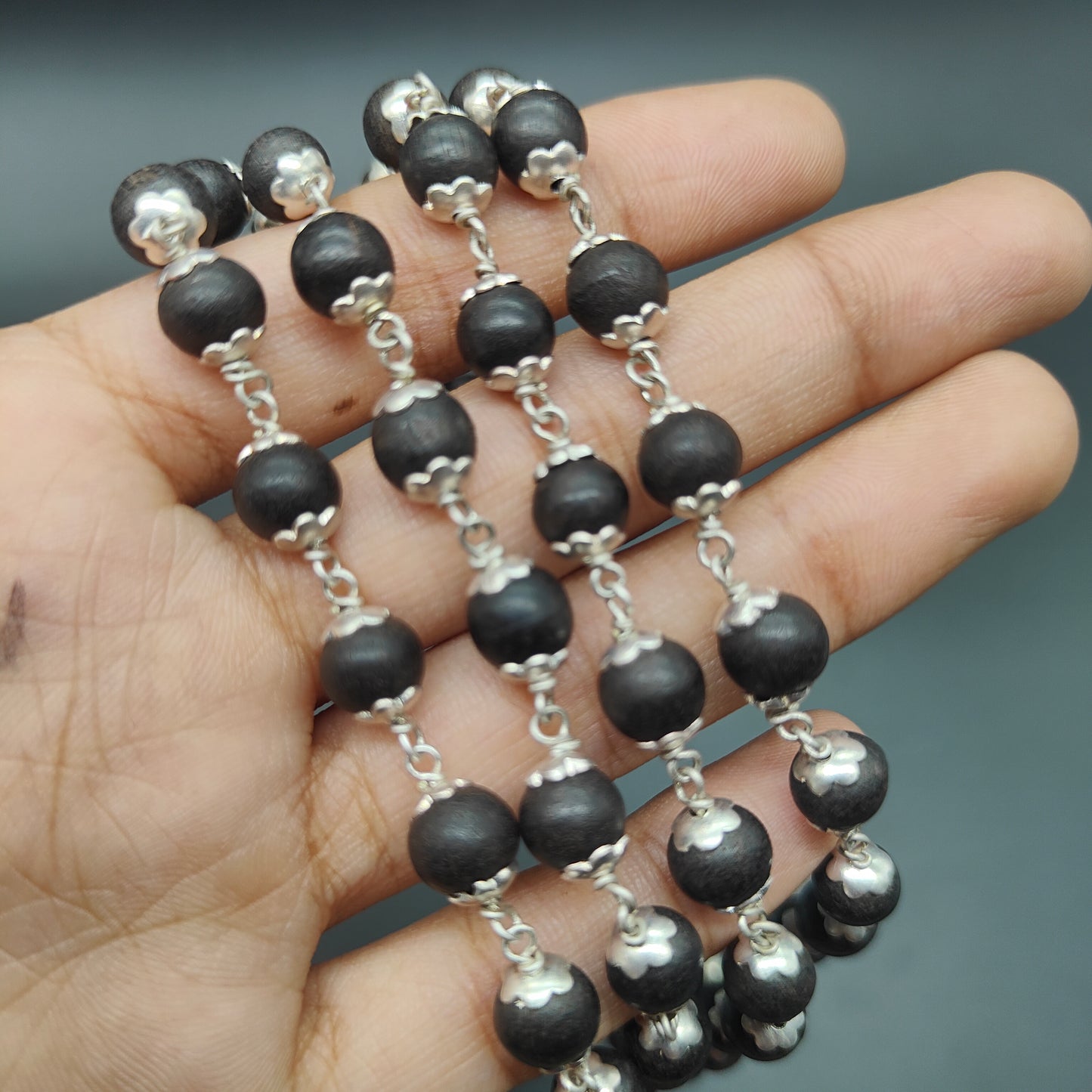 Natural Black Ebony / Karungali Mala without Polish With German Silver 54+1 Beads 8mm