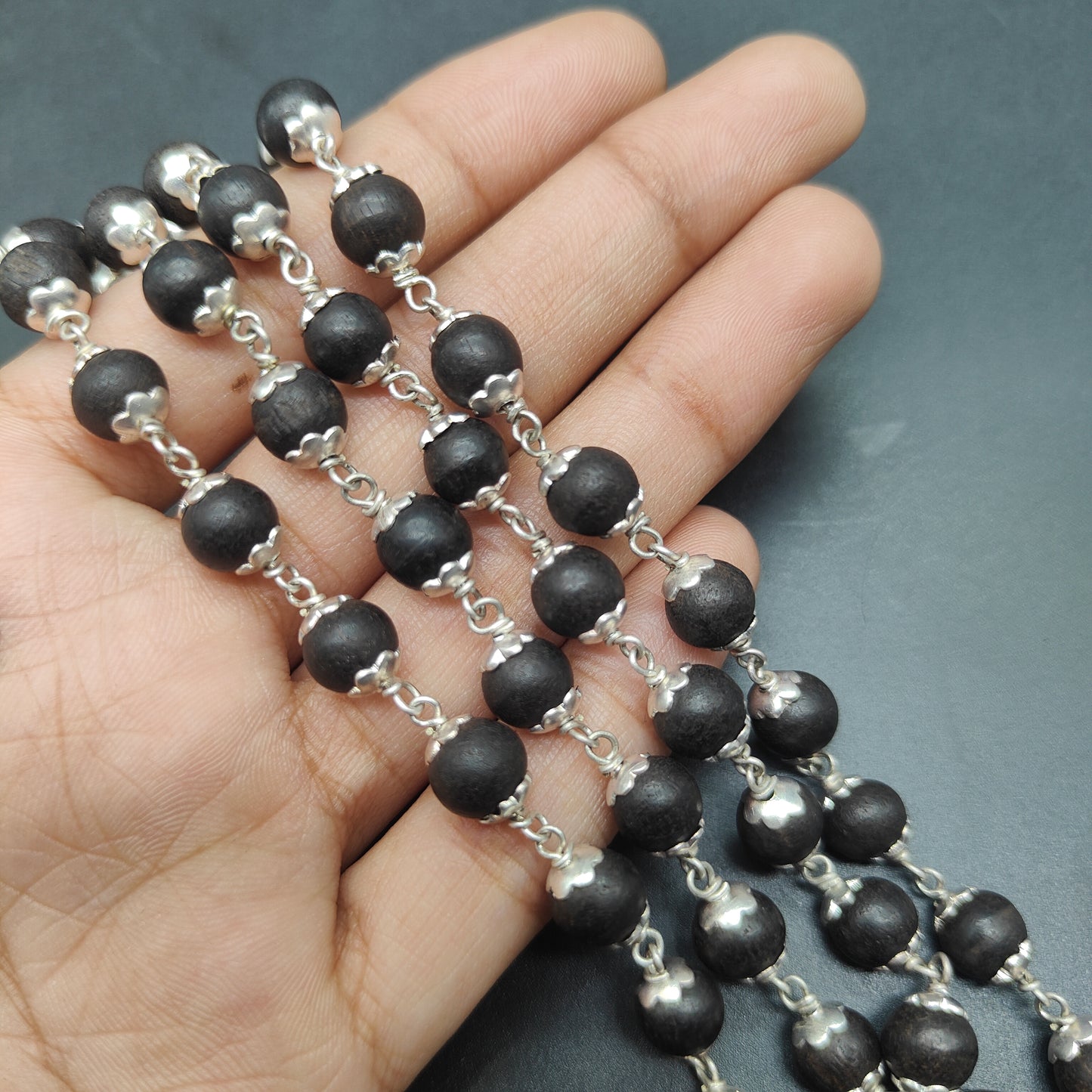 Natural Black Ebony / Karungali Mala without Polish With German Silver 54+1 Beads 8mm