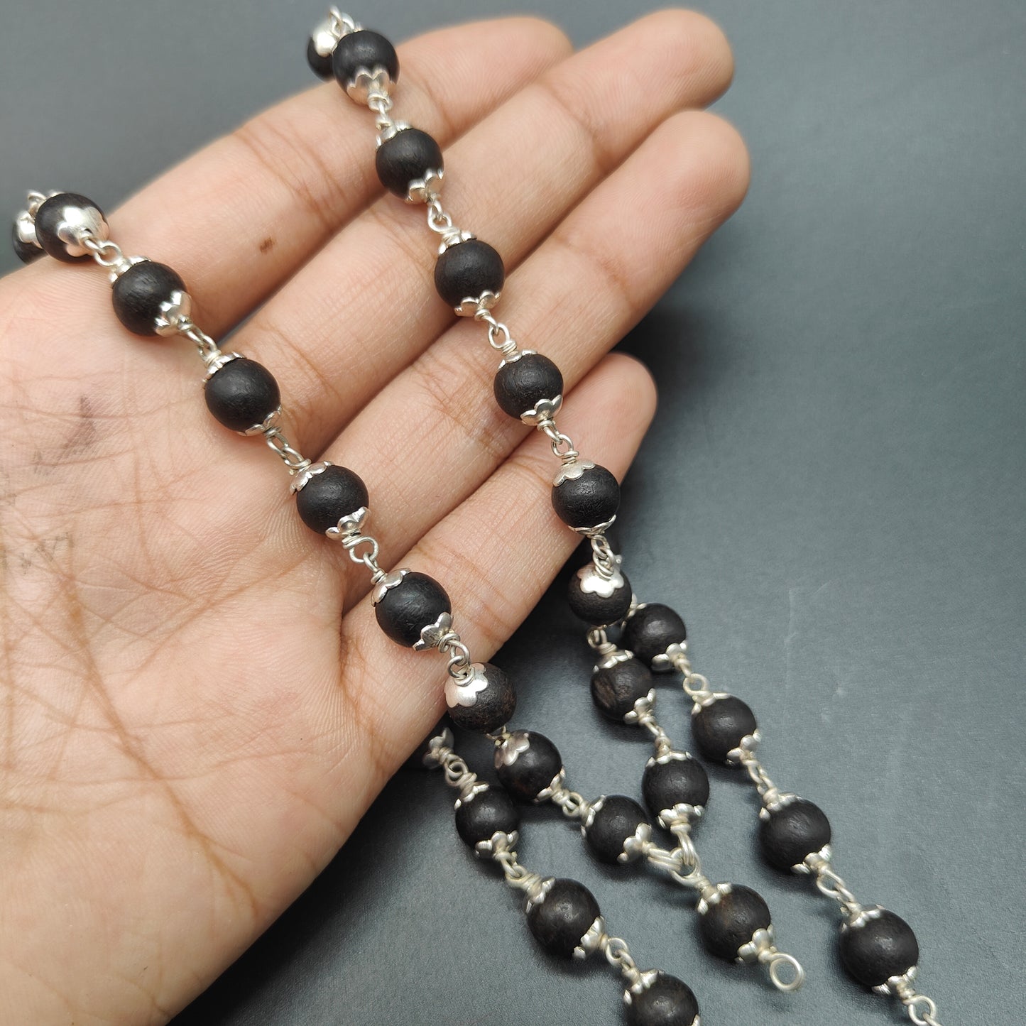 Natural Black Ebony / Karungali Mala without Polish With German Silver 54+1 Beads 8mm