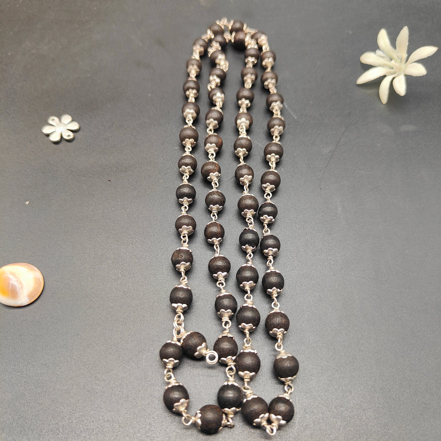 Natural Black Ebony / Karungali Mala without Polish With German Silver 54+1 Beads 8mm