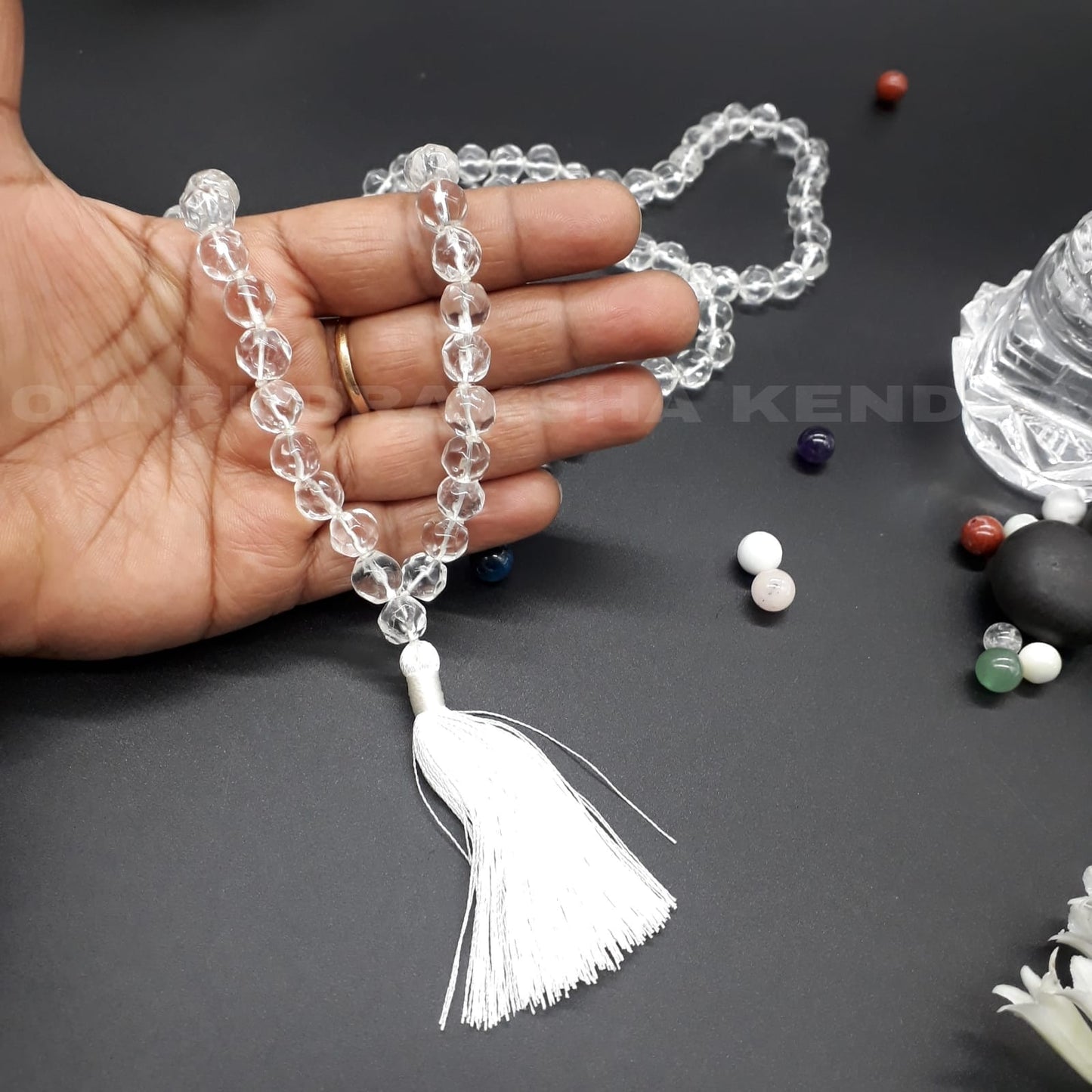 Rare Handmade Sphatik / Clear Quartz Diamond Cut Mala 108+1 Beads 8-9mm