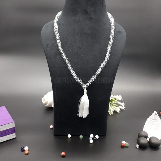 Rare Handmade Sphatik / Clear Quartz Diamond Cut Mala 108+1 Beads 8-9mm