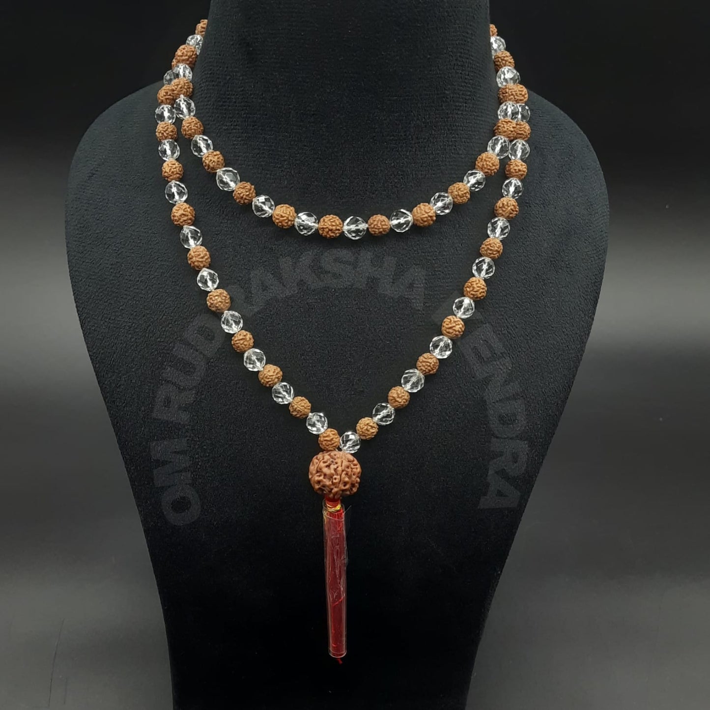 Combination of Diamond Cut Sphatik and Rudraksha Mala with 7 Mukhi Nepal Sumeru Rudraksha 8mm, 108+1 beads Lab certified