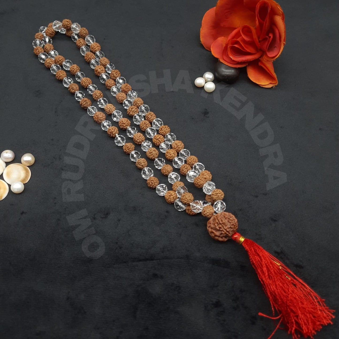 Combination of Diamond Cut Sphatik and Rudraksha Mala with 7 Mukhi Nepal Sumeru Rudraksha 8mm, 108+1 beads Lab certified