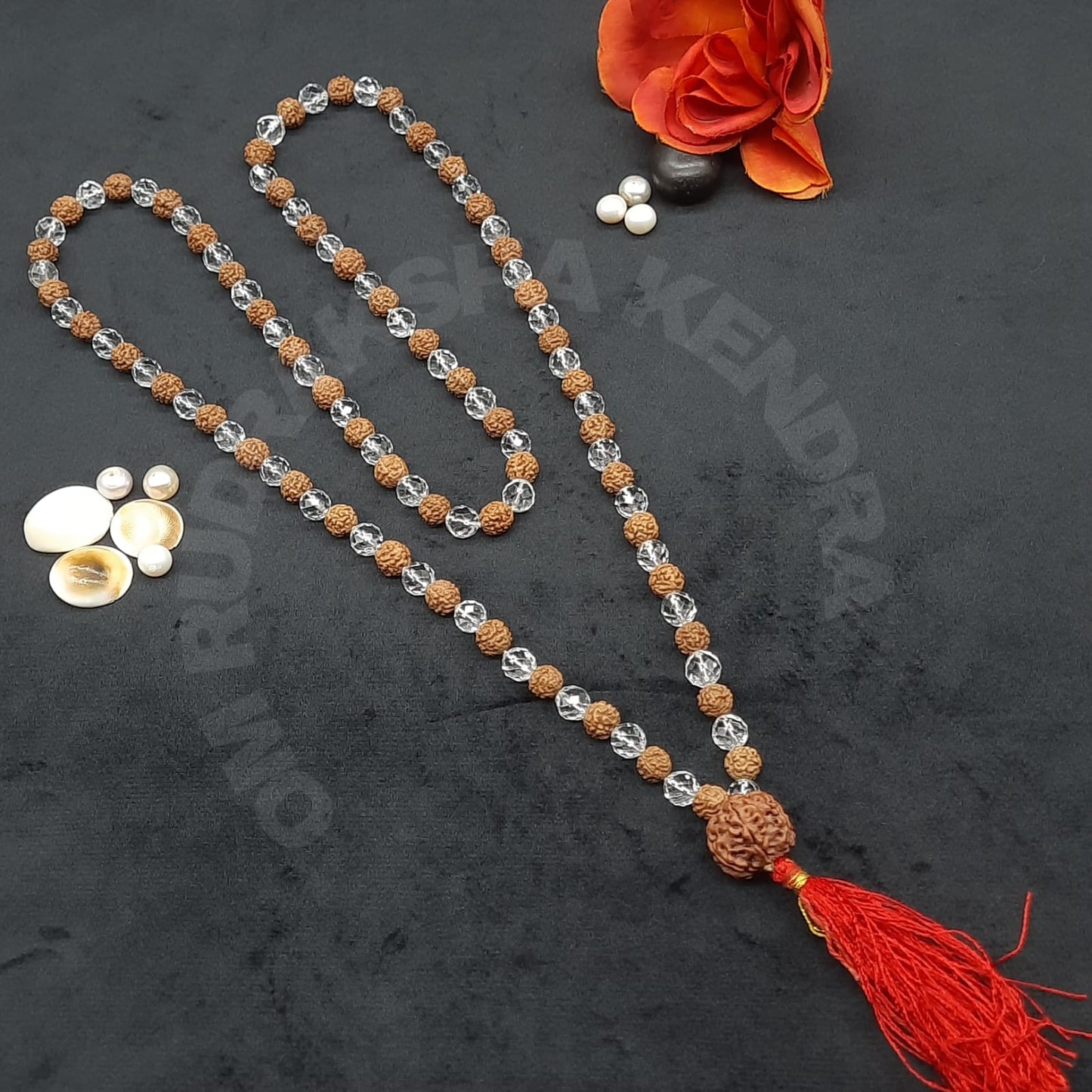 Combination of Diamond Cut Sphatik and Rudraksha Mala with 7 Mukhi Nepal Sumeru Rudraksha 8mm, 108+1 beads Lab certified
