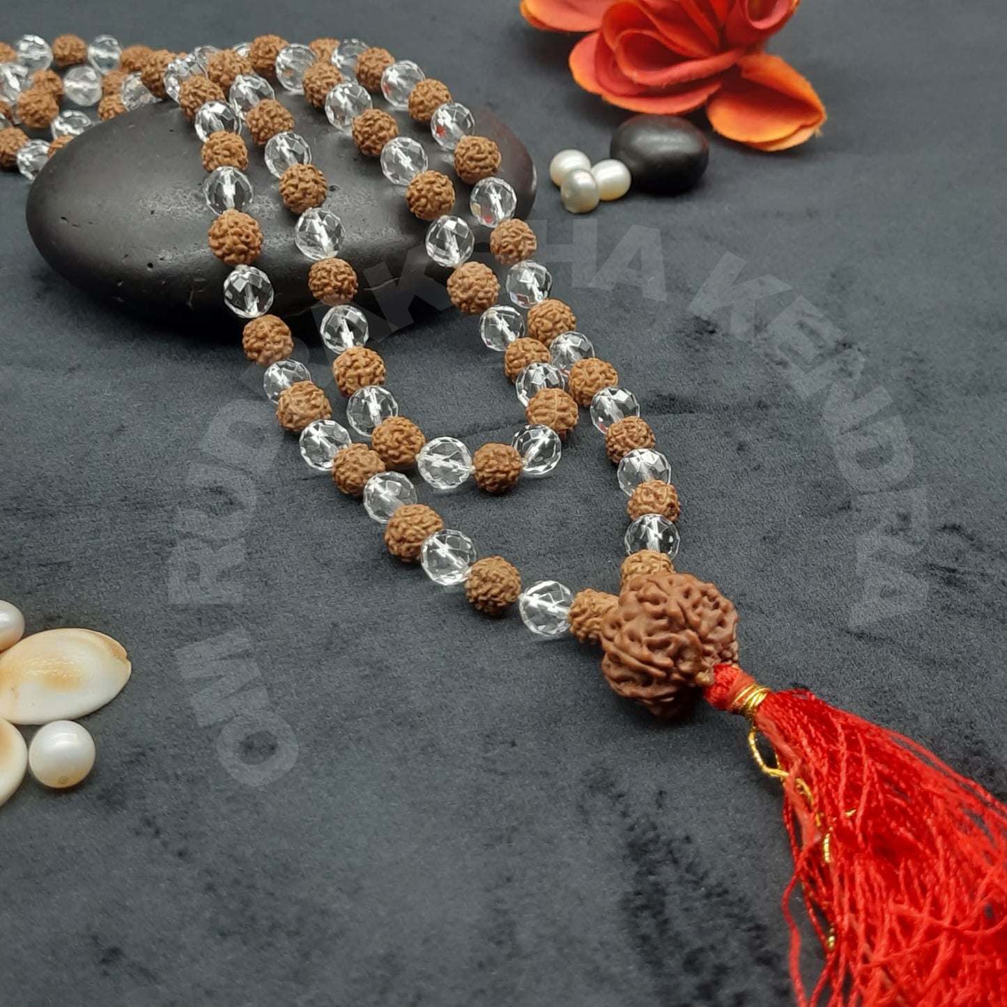 Combination of Diamond Cut Sphatik and Rudraksha Mala with 7 Mukhi Nepal Sumeru Rudraksha 8mm, 108+1 beads Lab certified