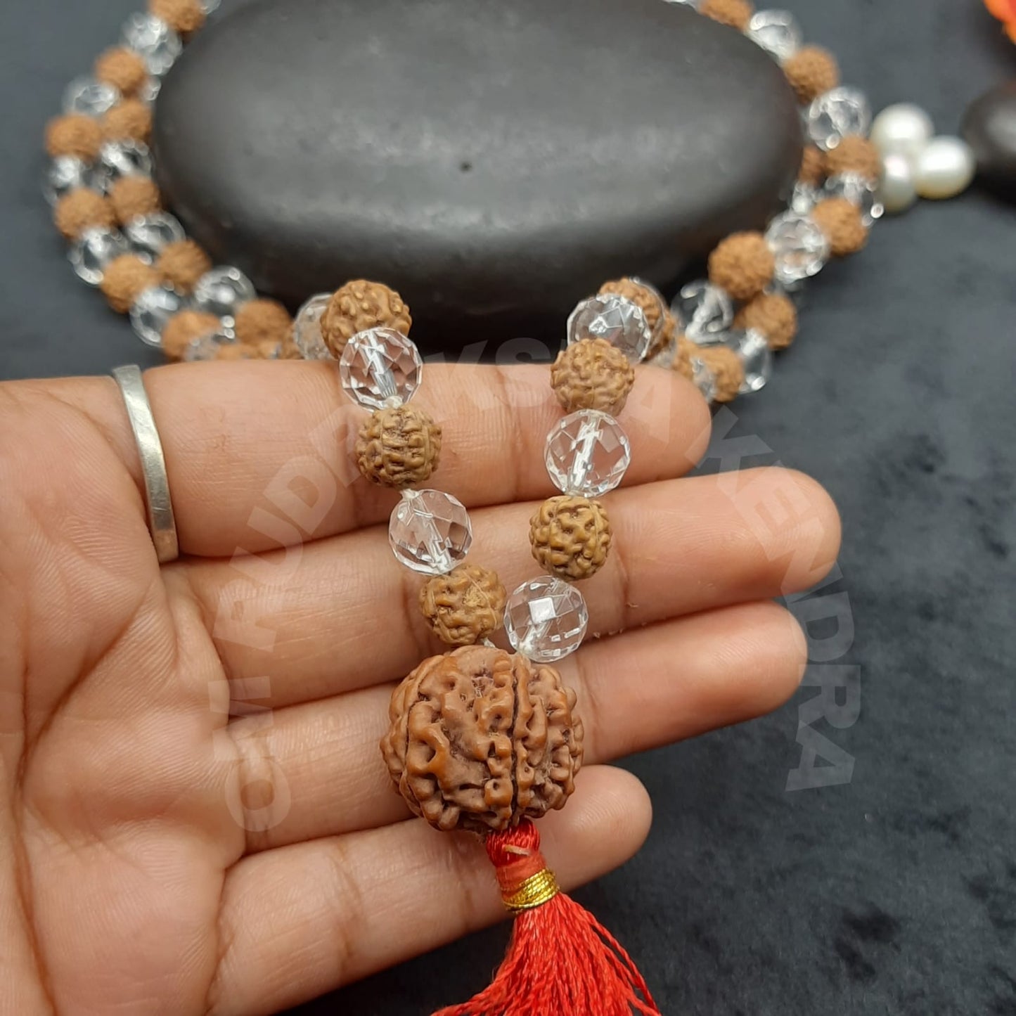 Combination of Diamond Cut Sphatik and Rudraksha Mala with 7 Mukhi Nepal Sumeru Rudraksha 8mm, 108+1 beads Lab certified