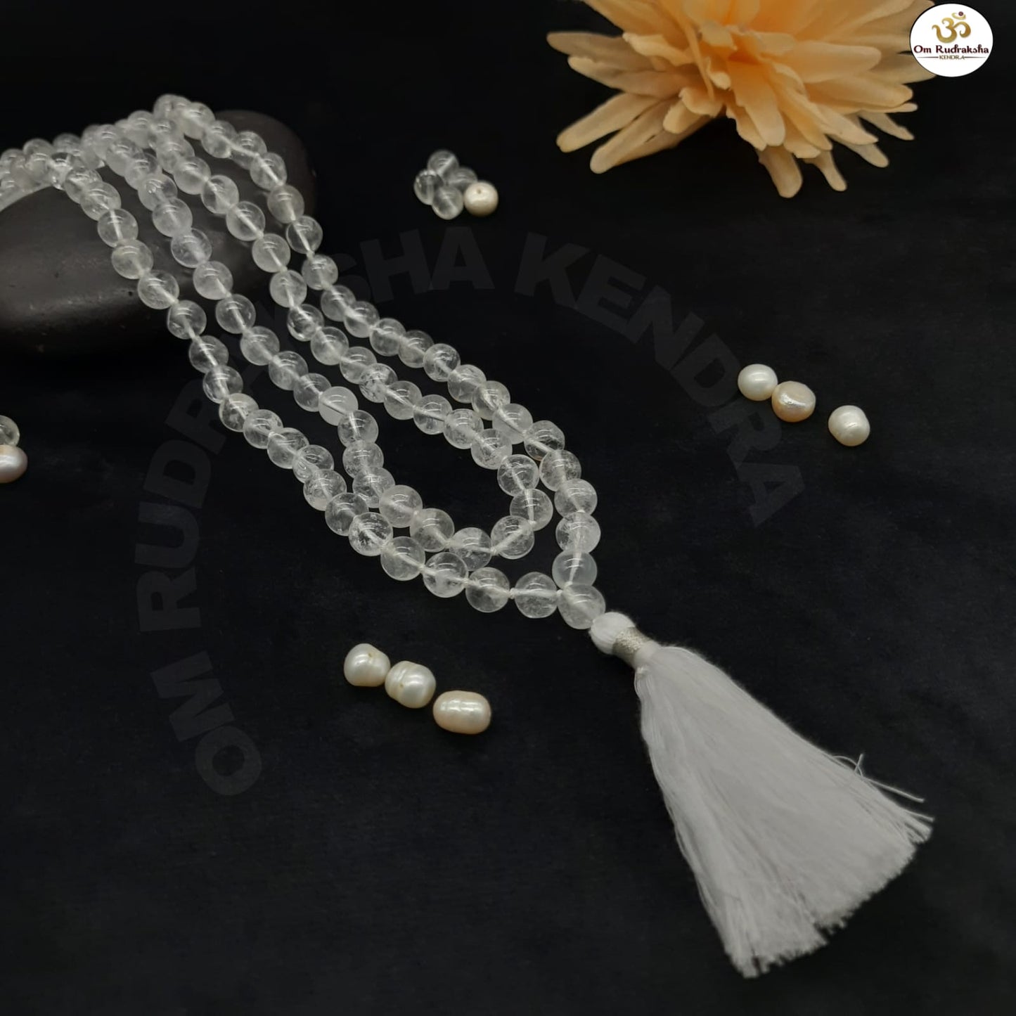 Round Sphatik / Clear Quartz Mala With Knots 108+1 Beads 8-9mm