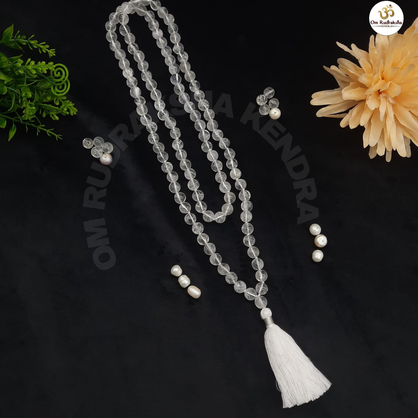 Round Sphatik / Clear Quartz Mala With Knots 108+1 Beads 8-9mm
