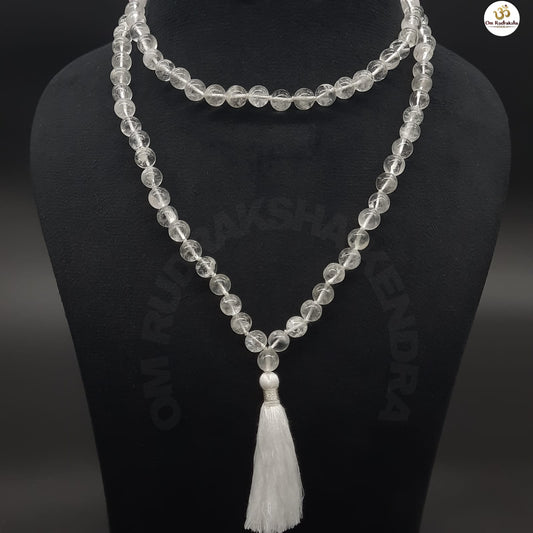 Round Sphatik / Clear Quartz Mala With Knots 108+1 Beads 8-9mm