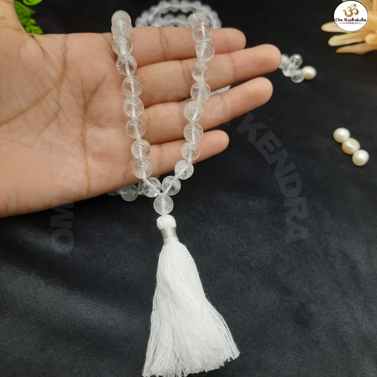 Round Sphatik / Clear Quartz Mala With Knots 108+1 Beads 8-9mm