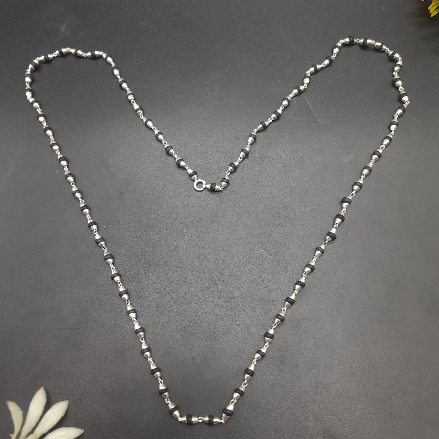 Natural Shyama Tulsi Mala With Pure Silver 88 Beads, 2.5mm beads Size