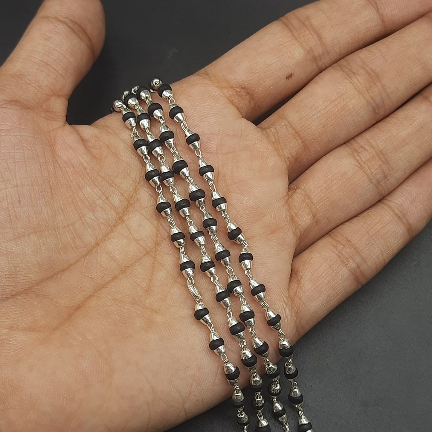 Natural Shyama Tulsi Mala With Pure Silver 88 Beads, 2.5mm beads Size