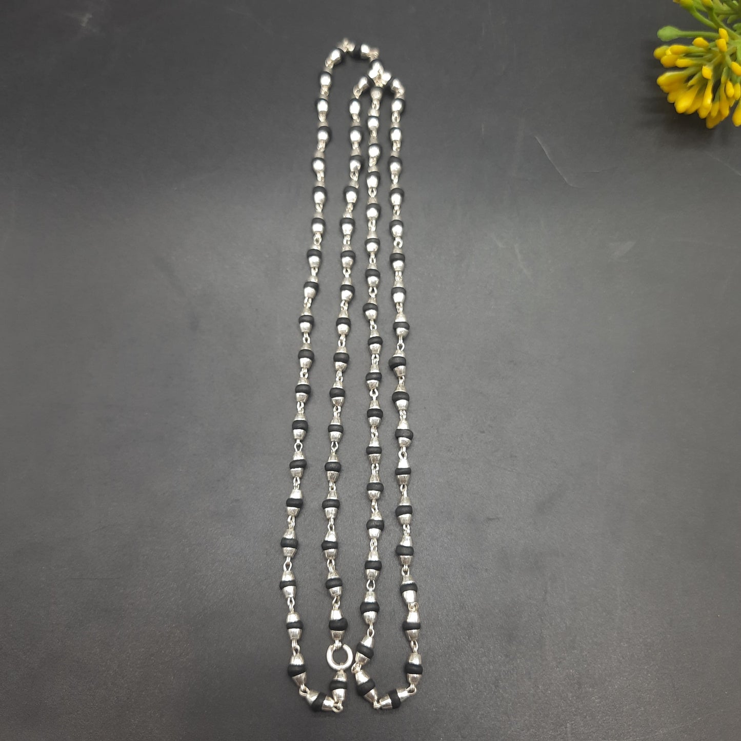 Natural Shyama Tulsi Mala With Pure Silver 88 Beads, 2.5mm beads Size