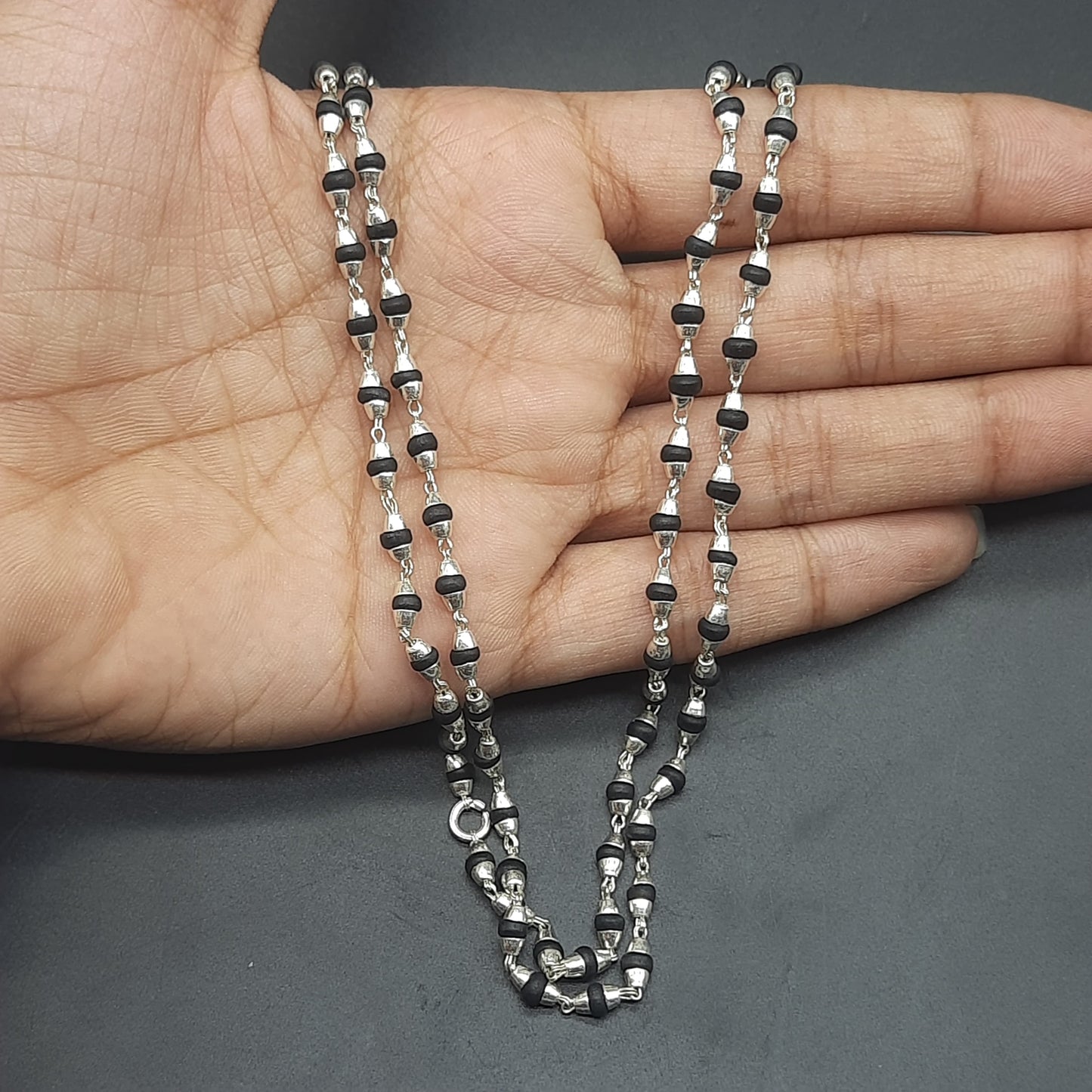 Natural Shyama Tulsi Mala With Pure Silver 88 Beads, 2.5mm beads Size