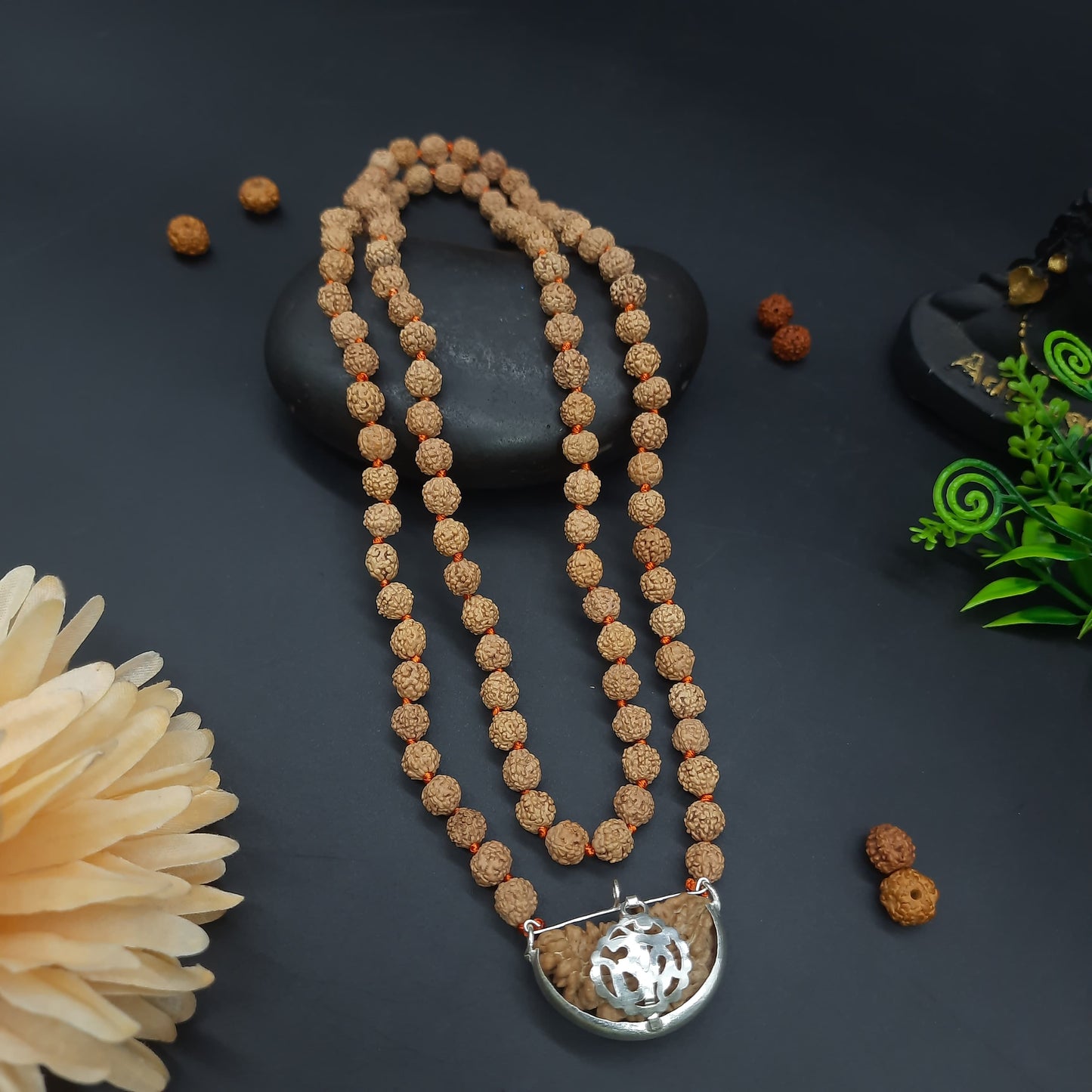 5 Mukhi / Five Face Java Rudraksha Mala With One Mukhi Kaju Shape Rudraksha With OM Silver Pandent 108+1 Beads 7-8mm