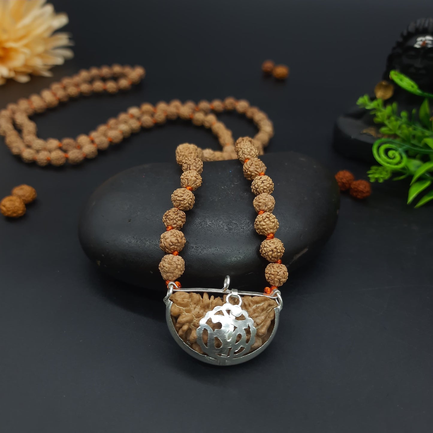5 Mukhi / Five Face Java Rudraksha Mala With One Mukhi Kaju Shape Rudraksha With OM Silver Pandent 108+1 Beads 7-8mm