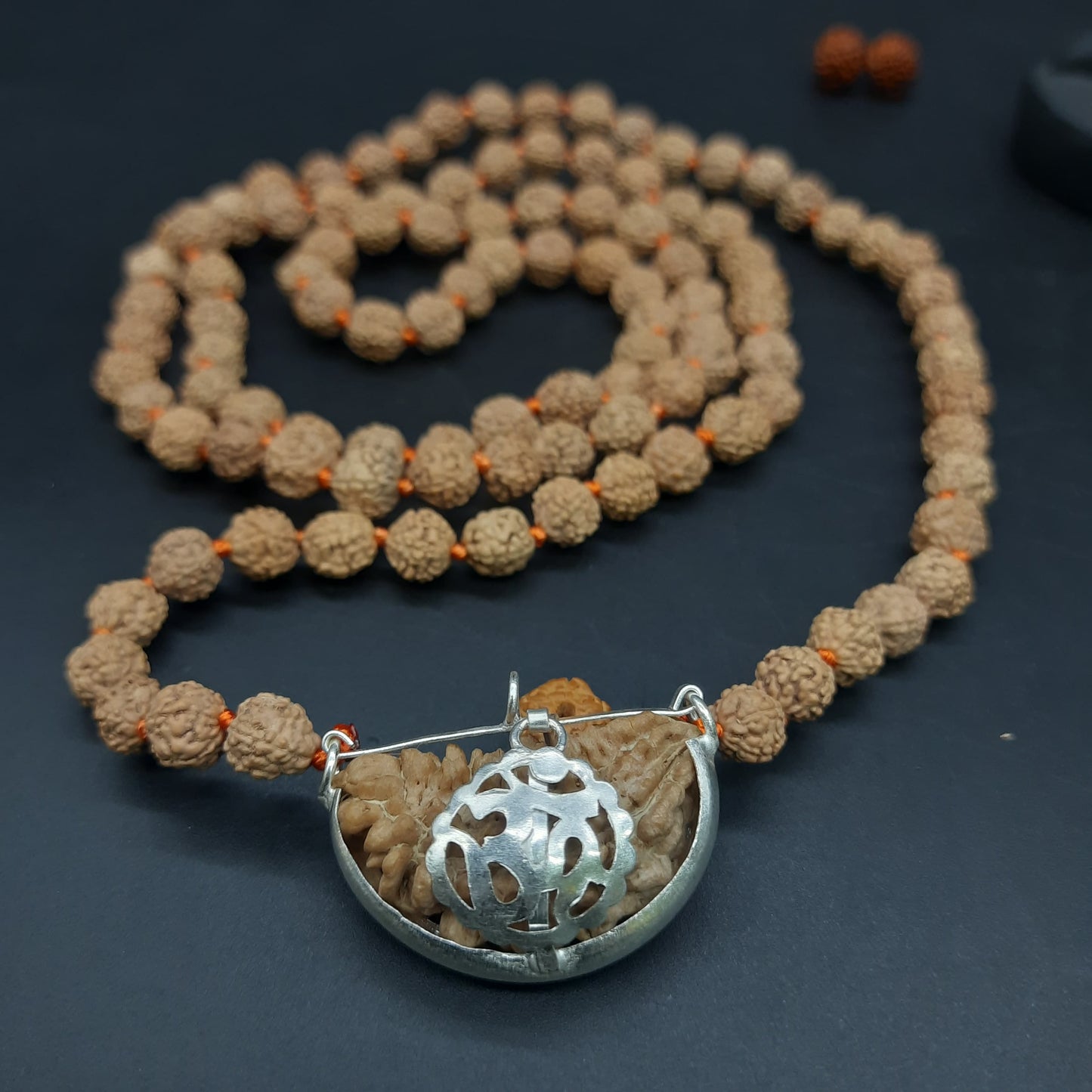 5 Mukhi / Five Face Java Rudraksha Mala With One Mukhi Kaju Shape Rudraksha With OM Silver Pandent 108+1 Beads 7-8mm