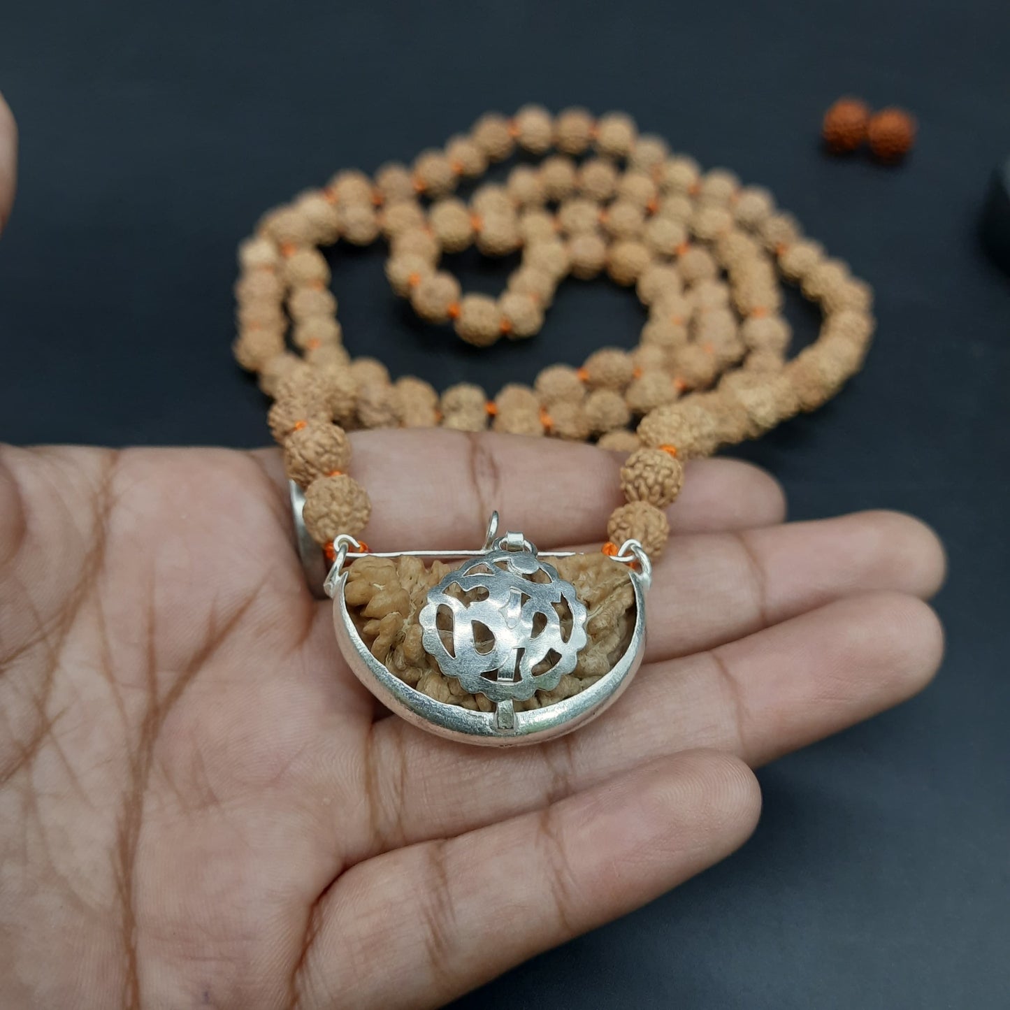 5 Mukhi / Five Face Java Rudraksha Mala With One Mukhi Kaju Shape Rudraksha With OM Silver Pandent 108+1 Beads 7-8mm