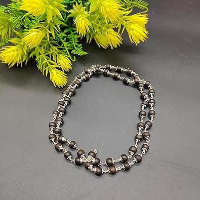 Natural Black Ebony / Karungali Mala without Polish With German Silver 54+1 Beads 8mm