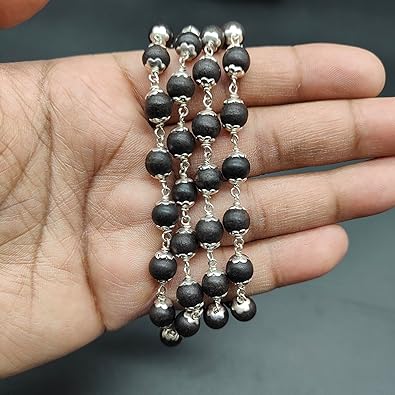 Natural Black Ebony / Karungali Mala without Polish With German Silver 54+1 Beads 8mm