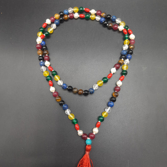 Handcrafted Navratan Mala – Authentic 9 Gemstone Necklace 108 Beads 8mm