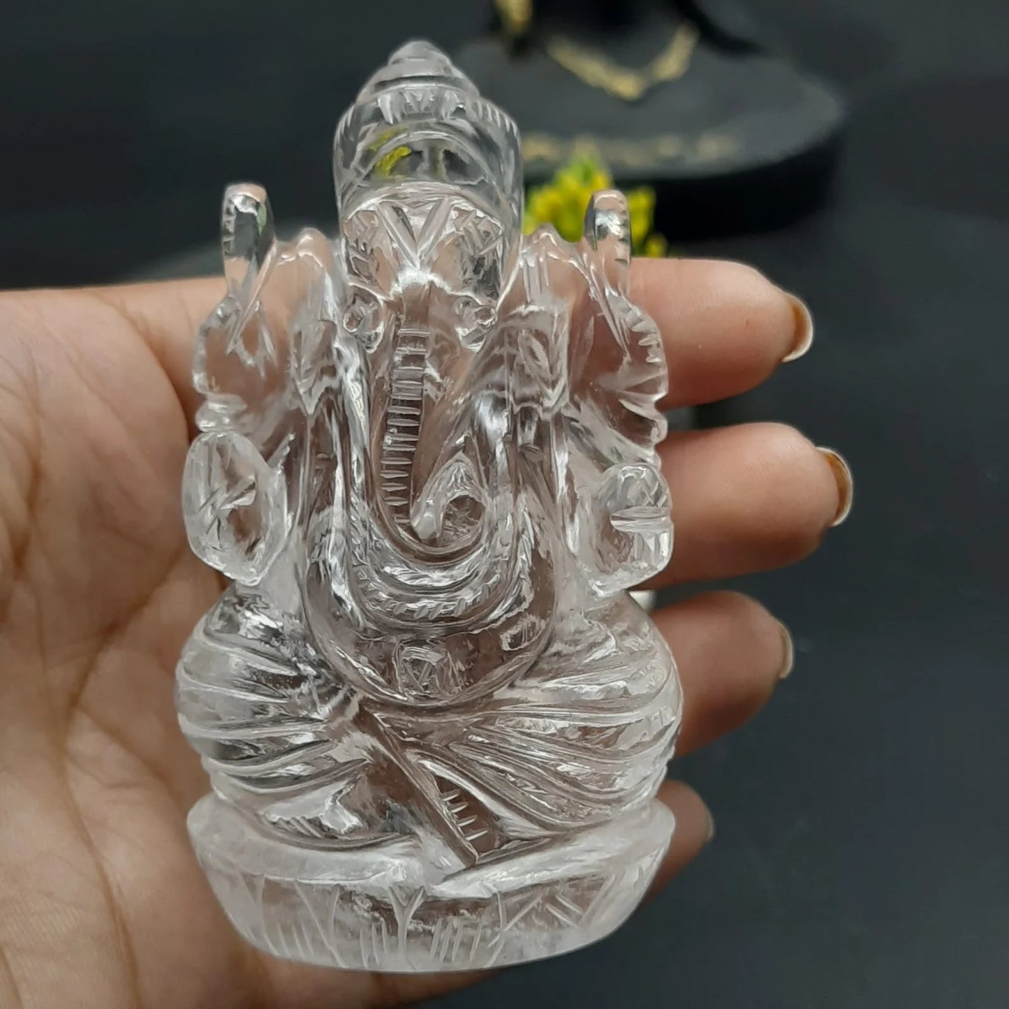 AAA Quality Sphatik clear Quartz Ganesha Statues - Handcrafted Spiritual Sculpture for Purity and Protection 3inch, 235gram
