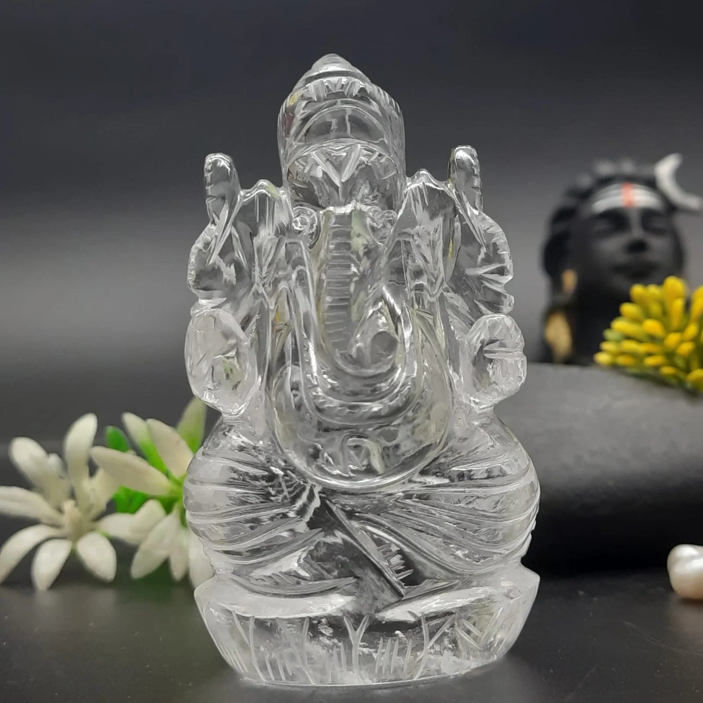 AAA Quality Sphatik clear Quartz Ganesha Statues - Handcrafted Spiritual Sculpture for Purity and Protection 3inch, 235gram