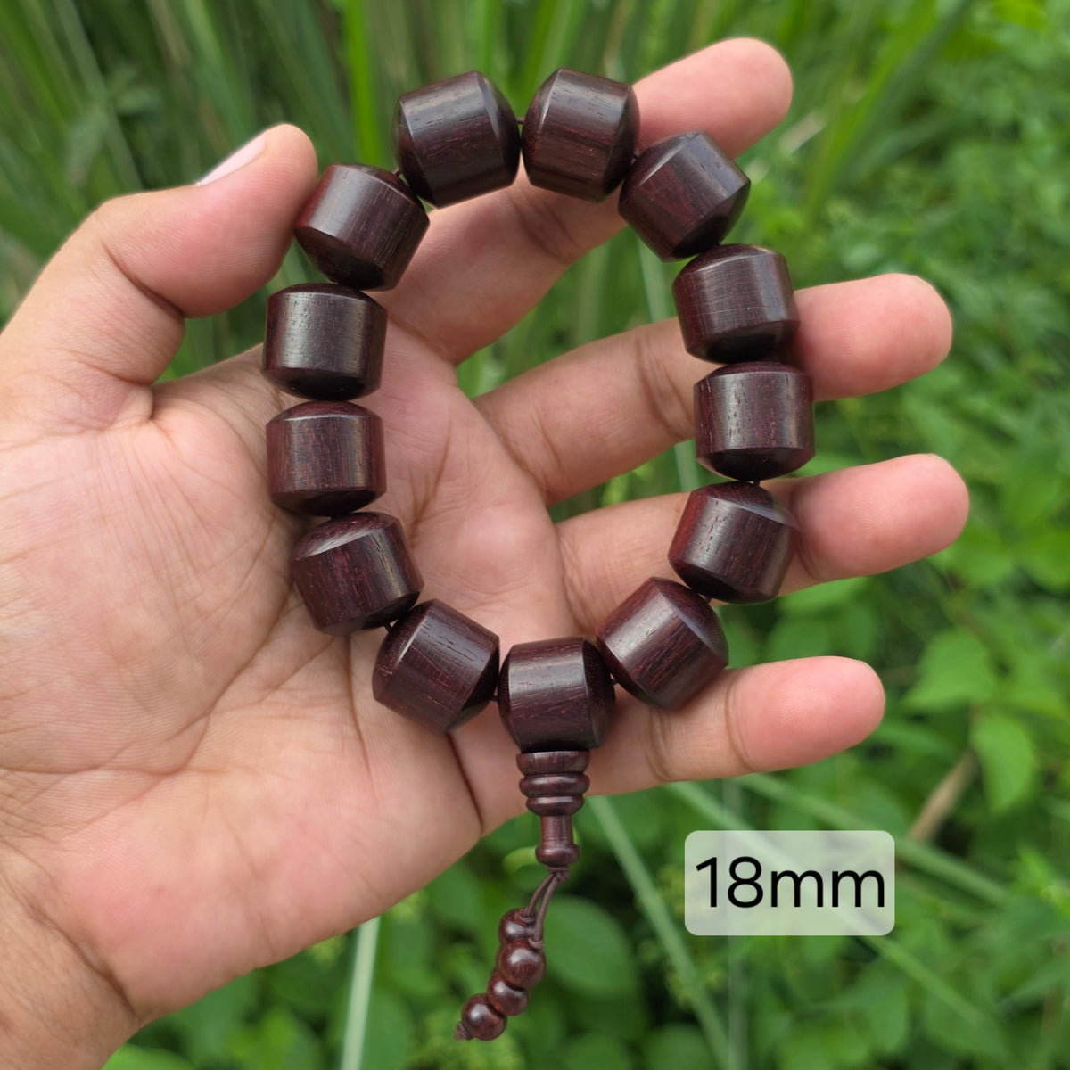 18mm Natural Laal Chandan bracelet with large cylindrical red sandalwood wooden beads