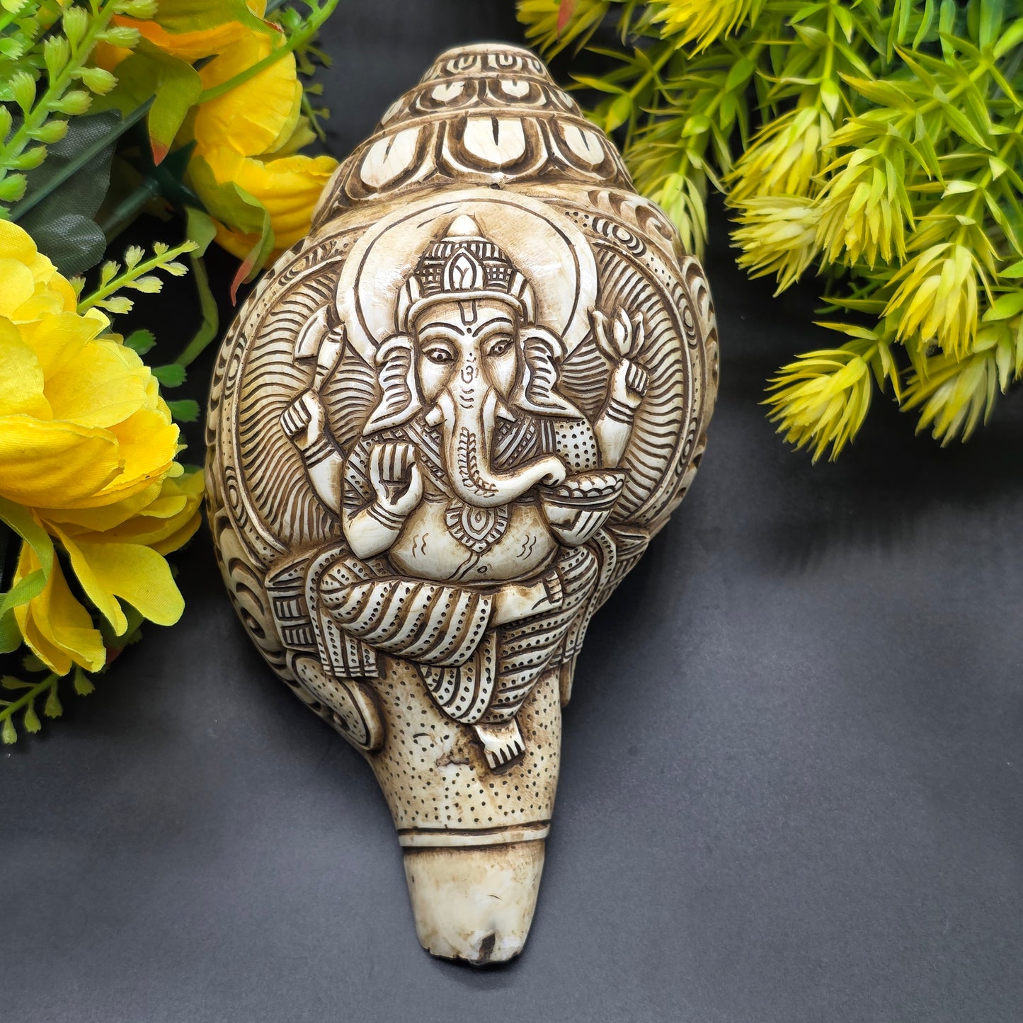 Vamavrati / Blowing Shankh With Beautiful Crafted Lord Ganesha Big Size