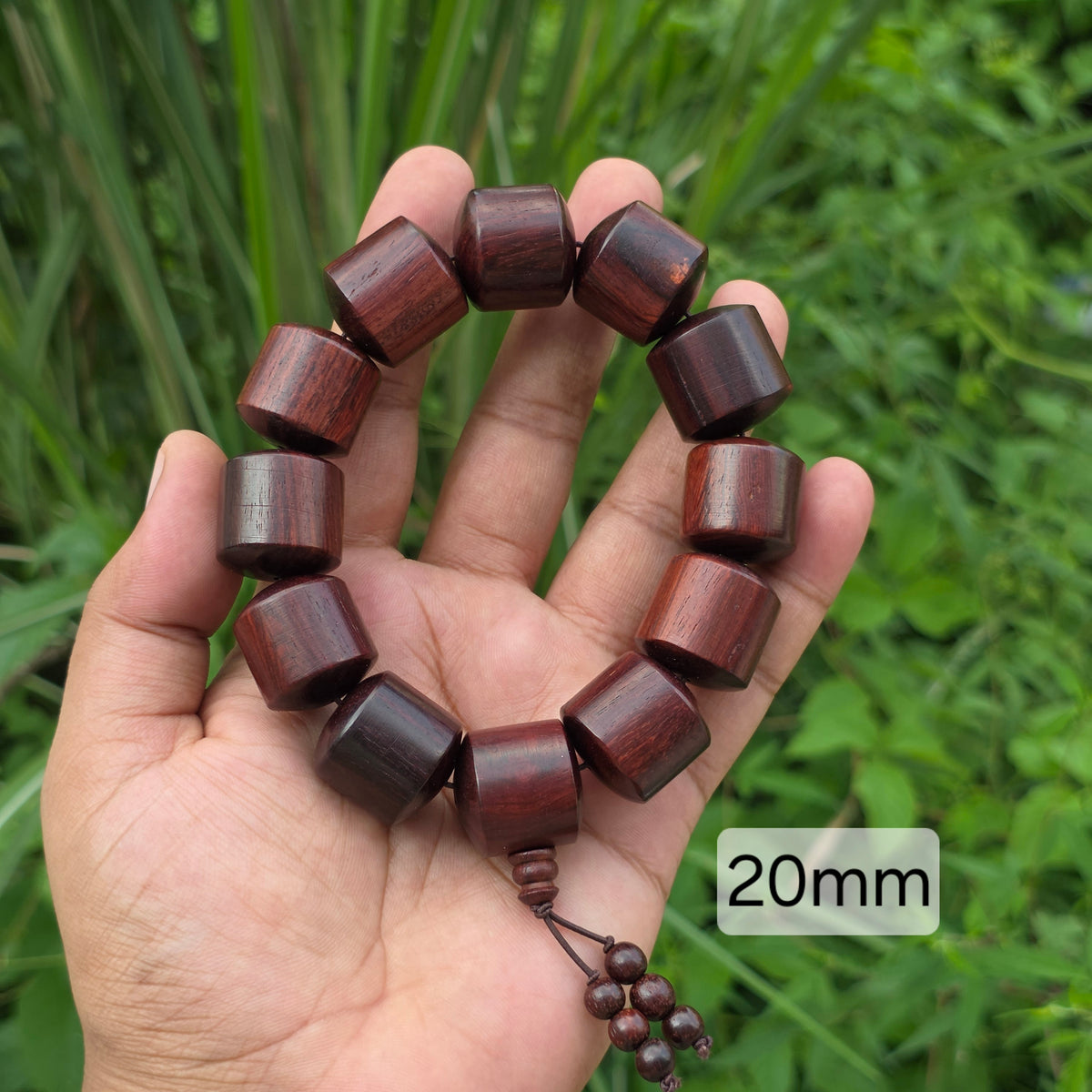 Natural Laal Chandan red sandalwood bracelet with large 20mm cylindrical wooden beads