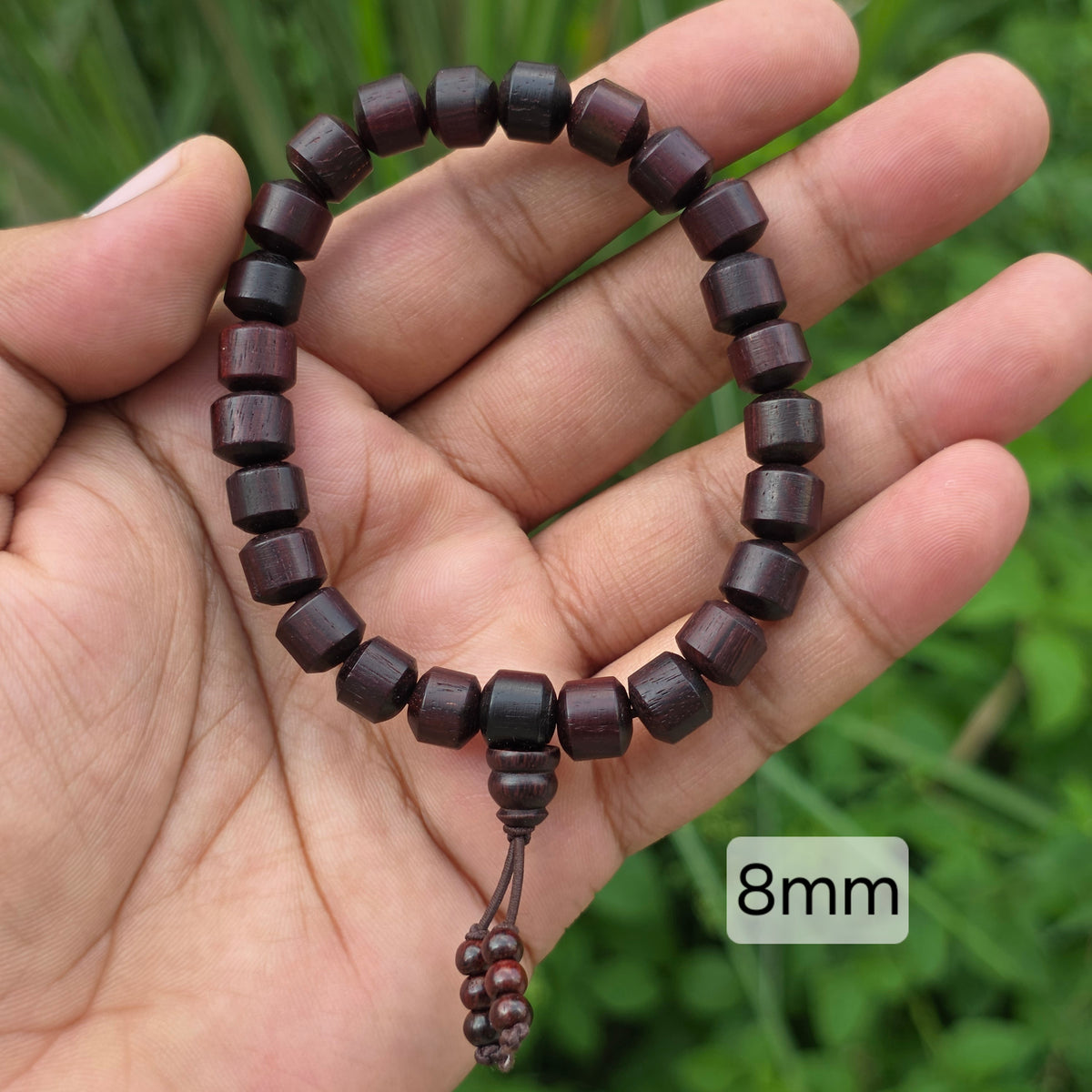 8mm Laal Chandan red sandalwood bracelet with small cylindrical wooden beads