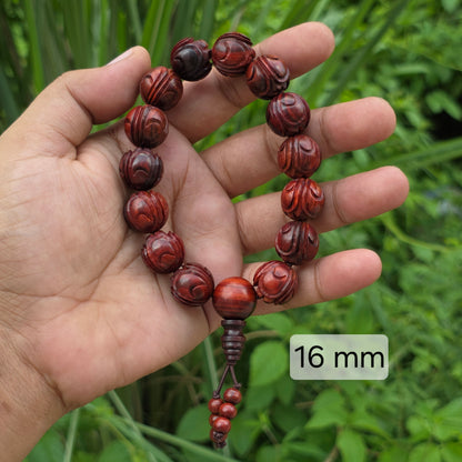 16mm carved Red Sandalwood Bracelet featuring traditional Kamal Pushpa floral beads