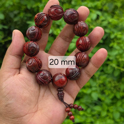 20mm Natural Laal Chandan bracelet with large carved Kamal Pushpa lotus-shaped wooden beads