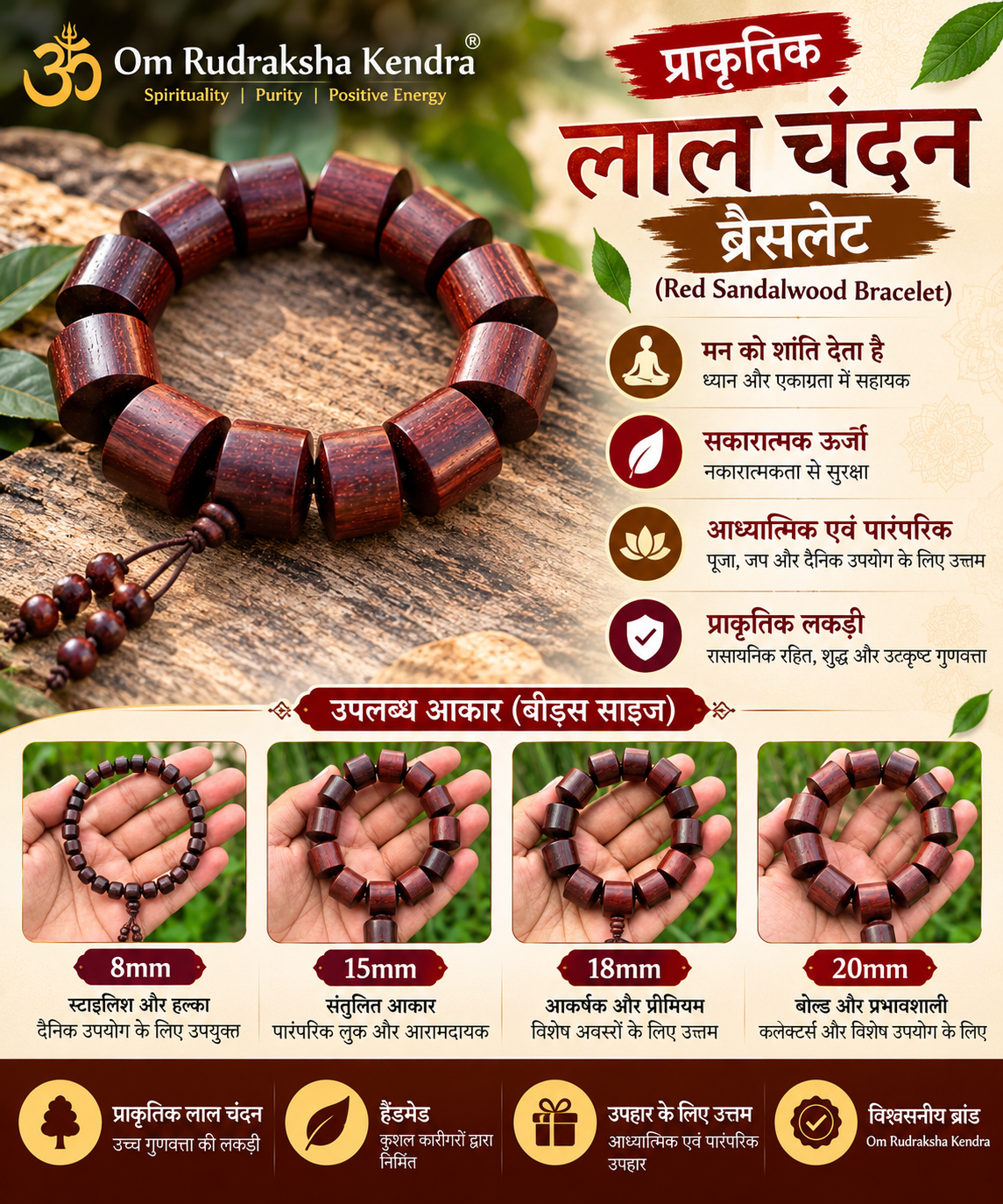 Natural Laal Chandan cylindrical Beads Bracelet | 8-20 mm | Red Sandalwood Bracelet