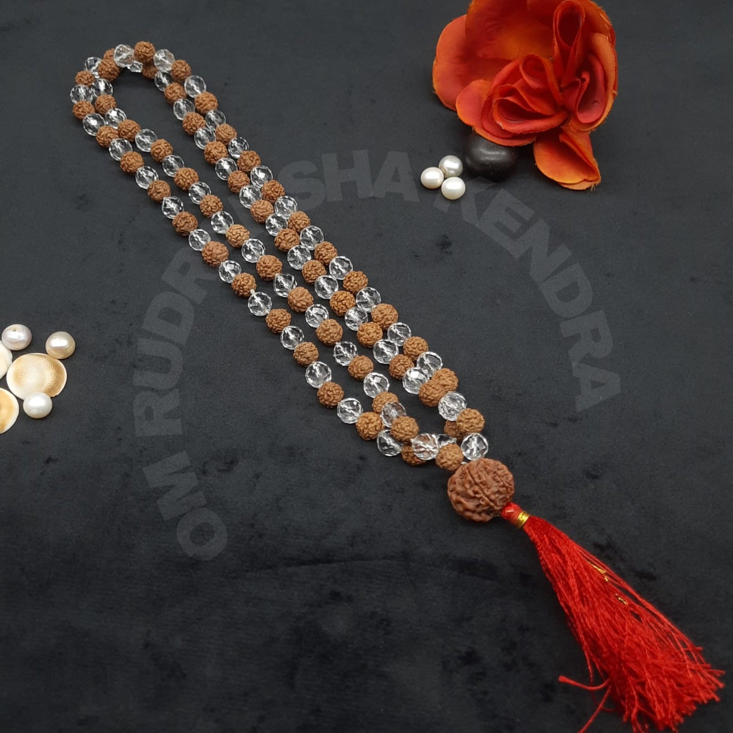 Diamond Cut Sphatik With Rudraksha Mala With 7 mukhi Guru Bead Nepal 108+1 Beads  7-8mm