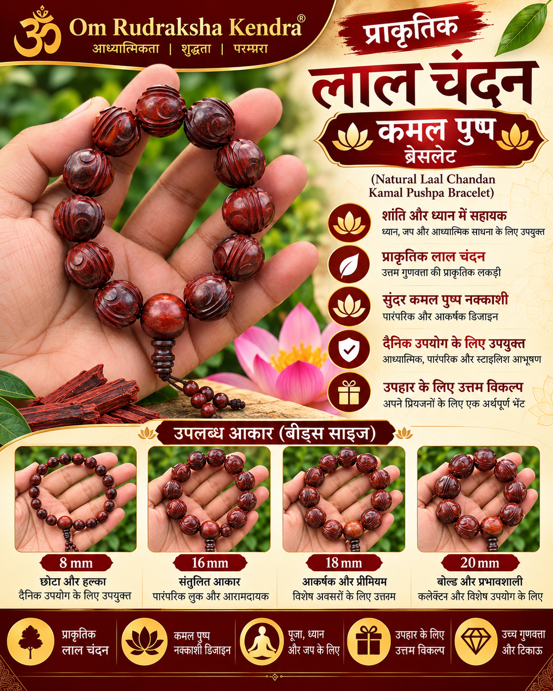 Natural Laal Chandan Kamal Pushpa Bracelet | Carved Red Sandalwood Beads | 8–20mm