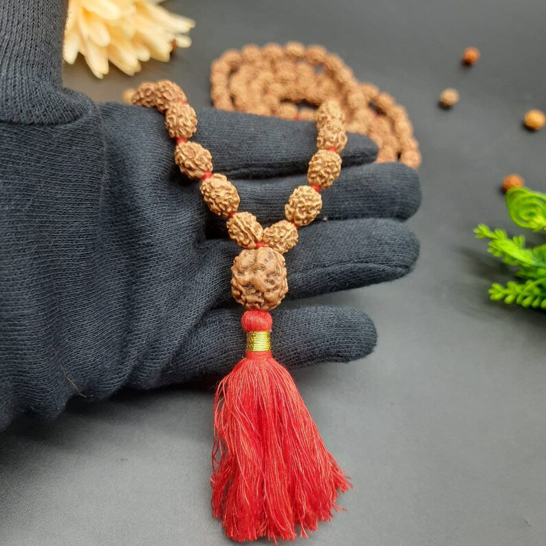 Three face / 3 mukhi rudraksha mala with 3 mukhi sumeru nepal rudraksha 108+1 beads 8-9mm size