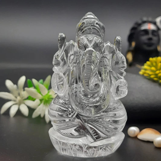 AAA Quality Sphatik clear Quartz Ganesha Statues - Handcrafted Spiritual Sculpture for Purity and Protection 3inch, 235gram