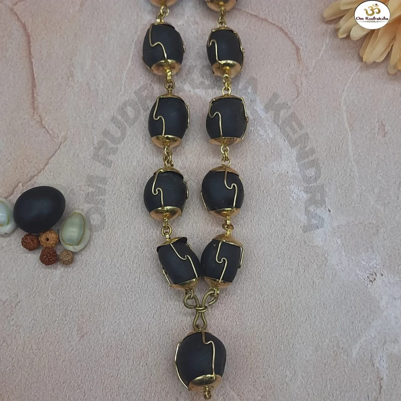 Natural Ladoo Gopal Shaligram Ji Mala in Gold Plated Capping - 28 Beads for Meditation & Spiritual Practice