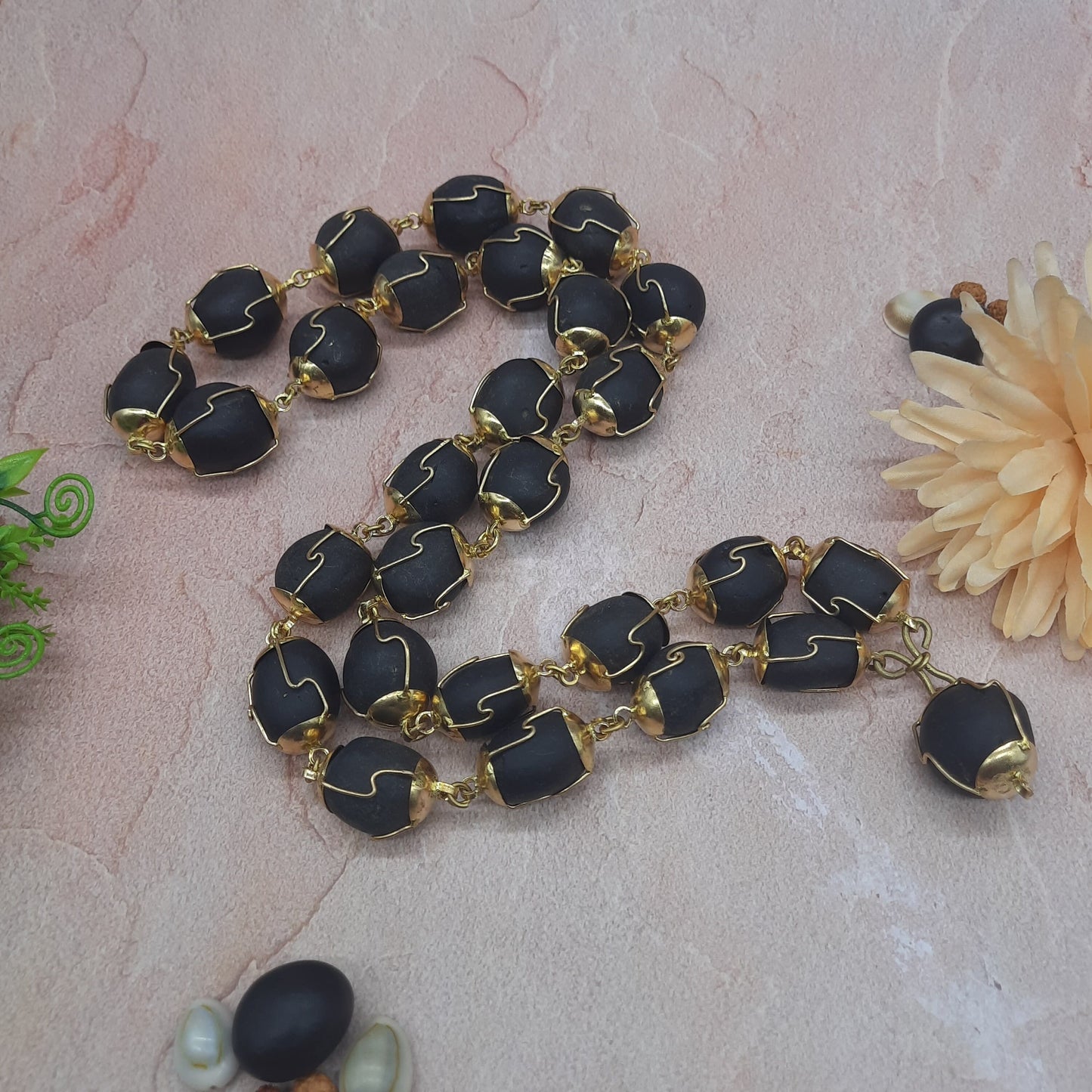 Natural Ladoo Gopal Shaligram Ji Mala in Gold Plated Capping - 28 Beads for Meditation & Spiritual Practice