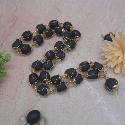 Natural Ladoo Gopal Shaligram Ji Mala in Gold Plated Capping - 28 Beads for Meditation & Spiritual Practice