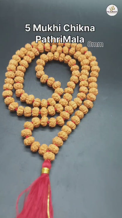 AAA Premium Quality 5 Mukhi Five Face Chikna Pathri Rudraksha Mala 8mm 108+1 Beads Mala | Meditation Jap Mala | Cheating Healing Mala