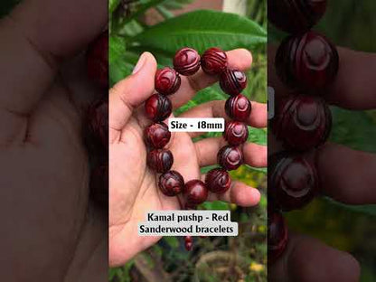 Natural Laal Chandan Kamal Pushpa Bracelet | Carved Red Sandalwood Beads | 8–20mm